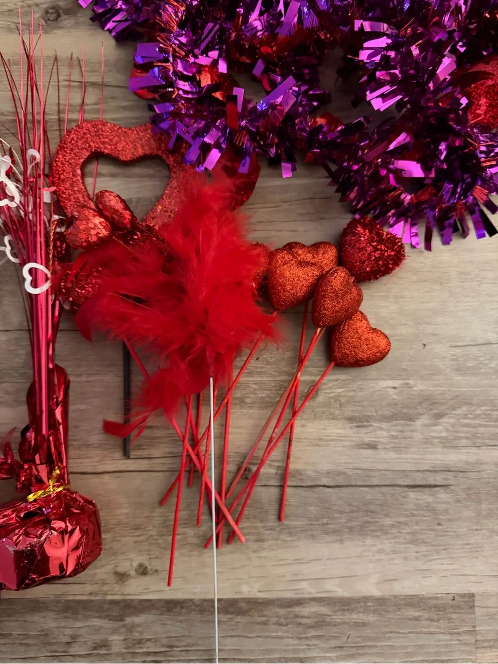 Valentine Red & Purple Heart Tinsel Garland and Picks decorations